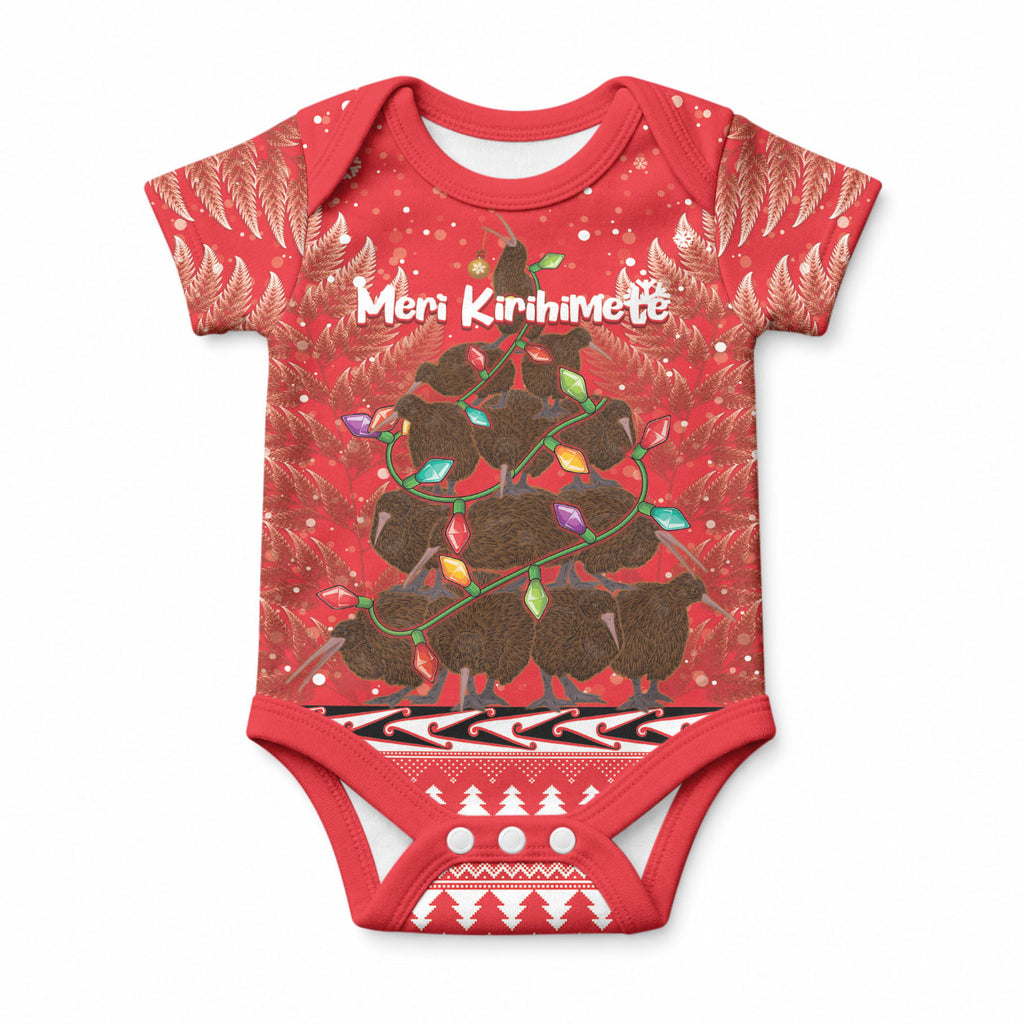 Kiwi New Zealand Christmas Baby Onesie Meri Kirihimete Silver Fern - Red Color