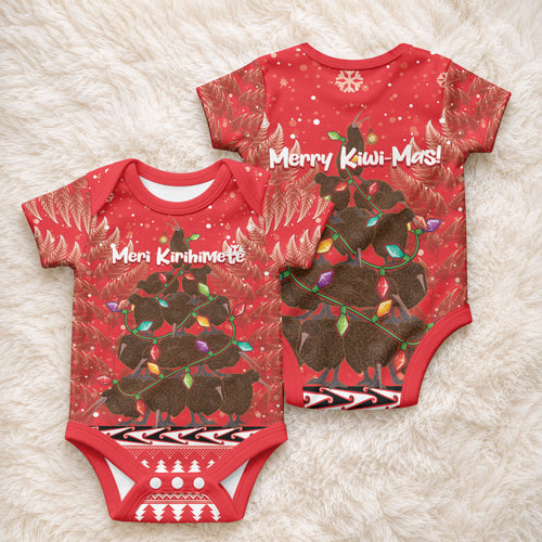 Kiwi New Zealand Christmas Baby Onesie Meri Kirihimete Silver Fern - Red Color
