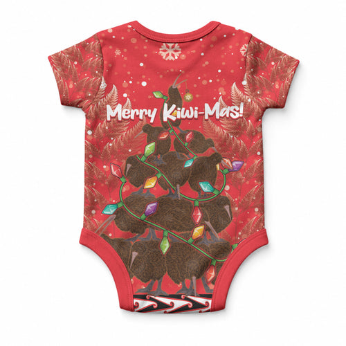 Kiwi New Zealand Christmas Baby Onesie Meri Kirihimete Silver Fern - Red Color