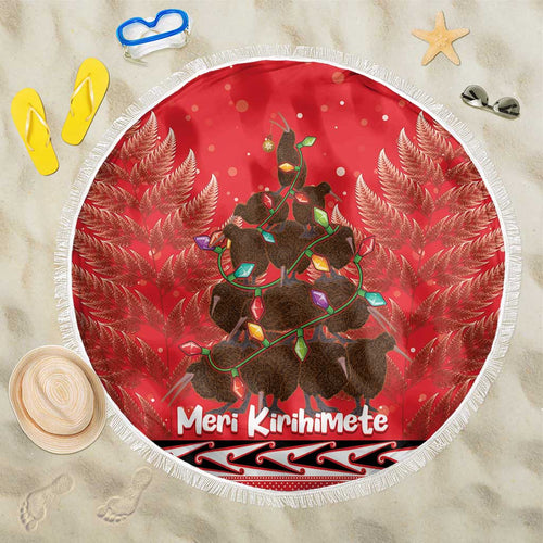 Kiwi New Zealand Christmas Beach Blanket Meri Kirihimete Silver Fern - Red Color