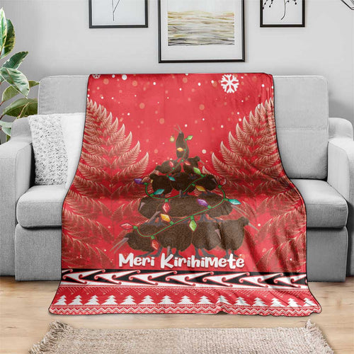 Kiwi New Zealand Christmas Blanket Meri Kirihimete Silver Fern - Red Color