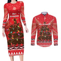 Kiwi New Zealand Christmas Couples Matching Long Sleeve Bodycon Dress and Long Sleeve Button Shirt Meri Kirihimete Silver Fern - Red Color
