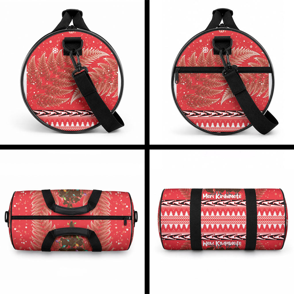 Kiwi New Zealand Christmas Duffle Bag Meri Kirihimete Silver Fern - Red Color