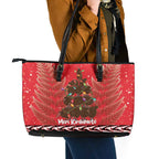 Kiwi New Zealand Christmas Leather Tote Bag Meri Kirihimete Silver Fern - Red Color