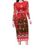 Kiwi New Zealand Christmas Long Sleeve Bodycon Dress Meri Kirihimete Silver Fern - Red Color