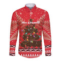 Kiwi New Zealand Christmas Long Sleeve Button Shirt Meri Kirihimete Silver Fern - Red Color