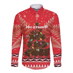 Kiwi New Zealand Christmas Long Sleeve Button Shirt Meri Kirihimete Silver Fern - Red Color