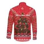 Kiwi New Zealand Christmas Long Sleeve Button Shirt Meri Kirihimete Silver Fern - Red Color