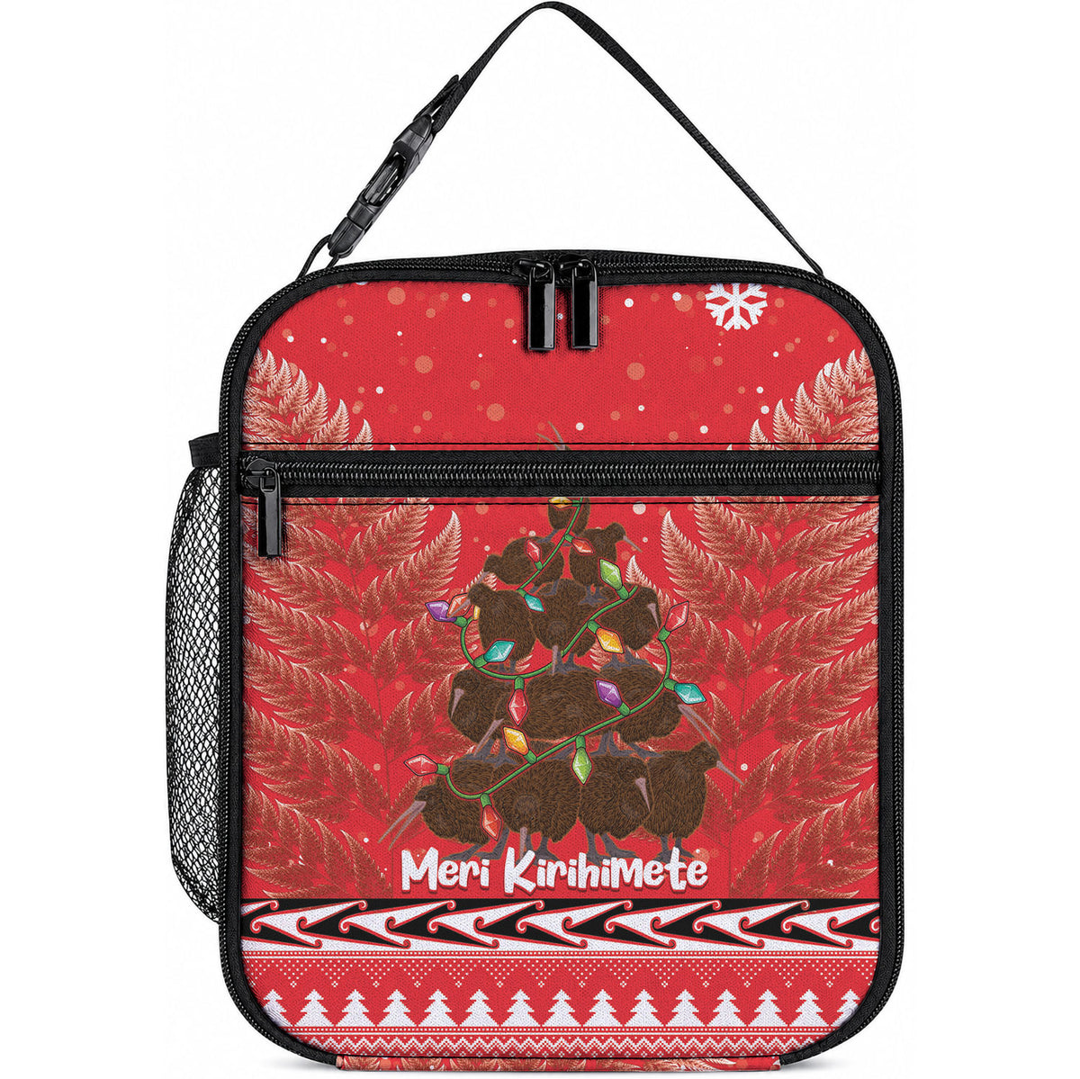 Kiwi New Zealand Christmas Lunch Bag Meri Kirihimete Silver Fern - Red Color