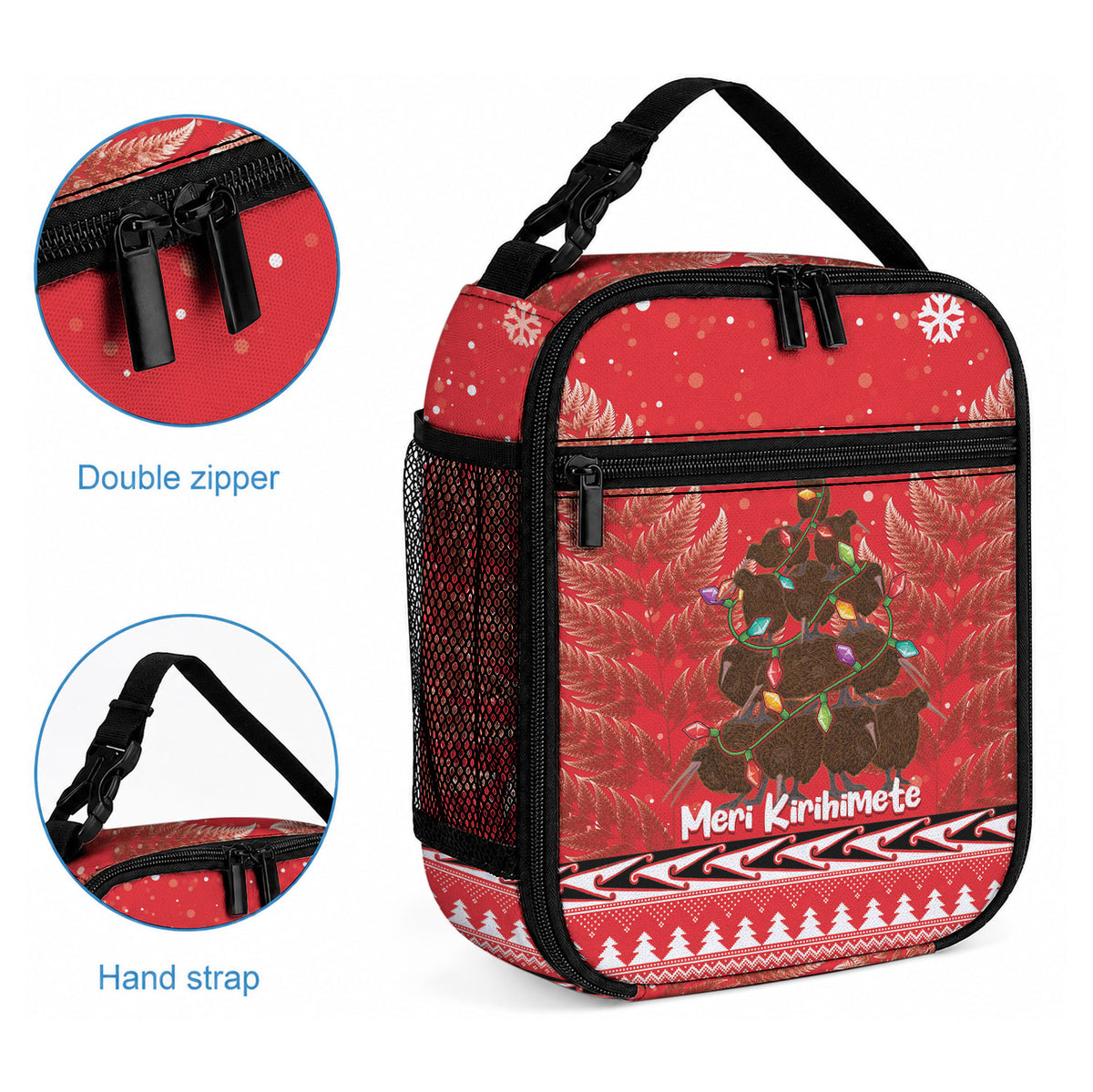 Kiwi New Zealand Christmas Lunch Bag Meri Kirihimete Silver Fern - Red Color
