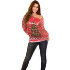 Kiwi New Zealand Christmas Off Shoulder Sweater Meri Kirihimete Silver Fern - Red Color