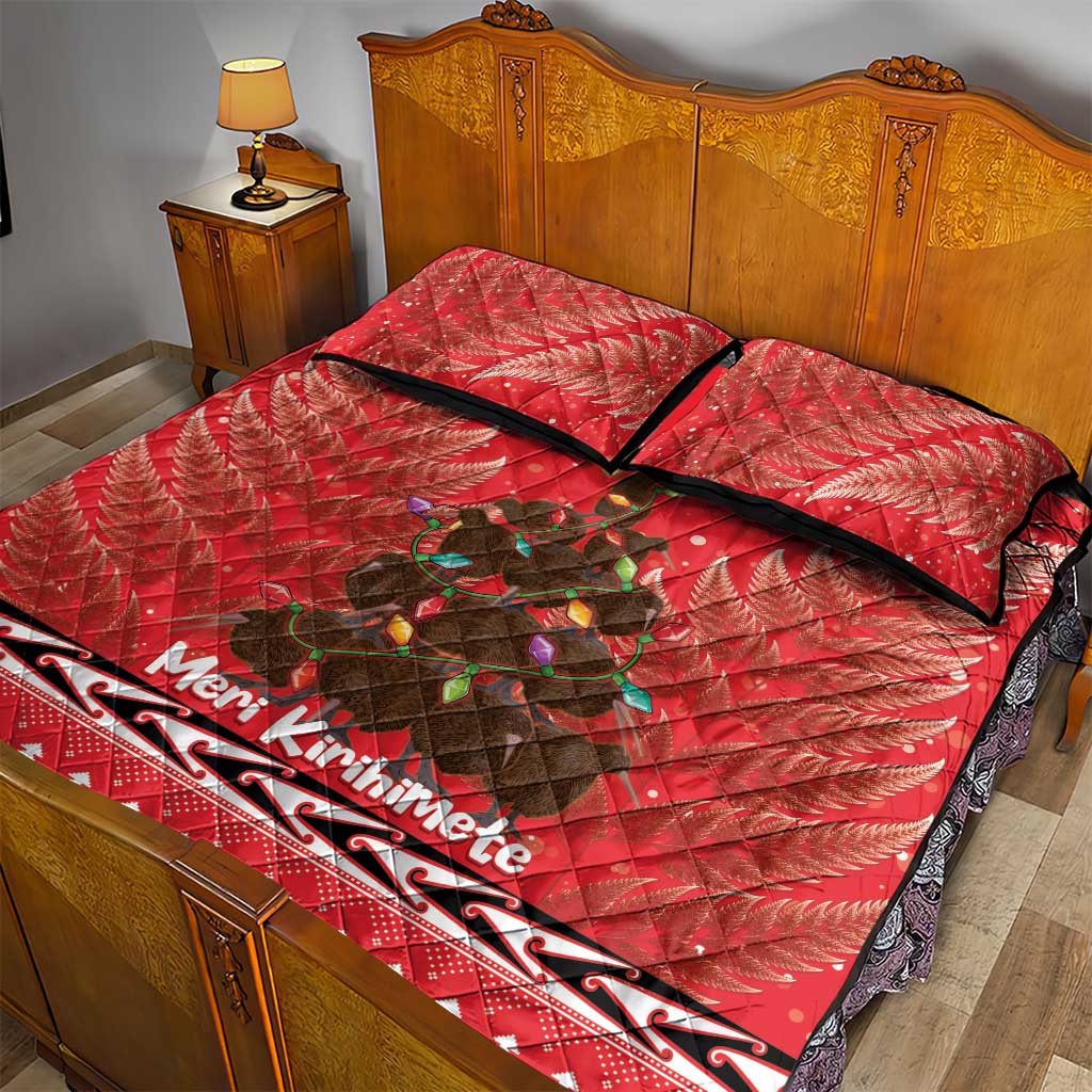 Kiwi New Zealand Christmas Quilt Bed Set Meri Kirihimete Silver Fern - Red Color