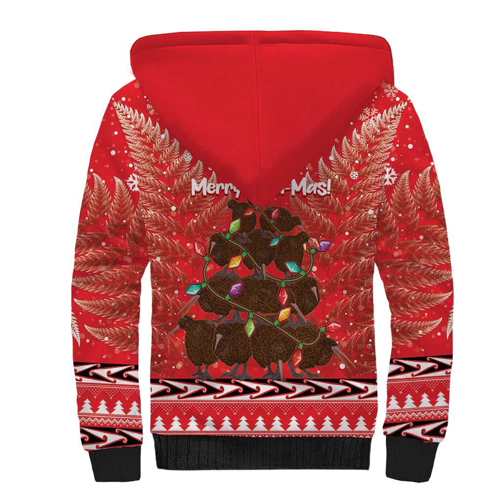 Kiwi New Zealand Christmas Sherpa Hoodie Meri Kirihimete Silver Fern - Red Color