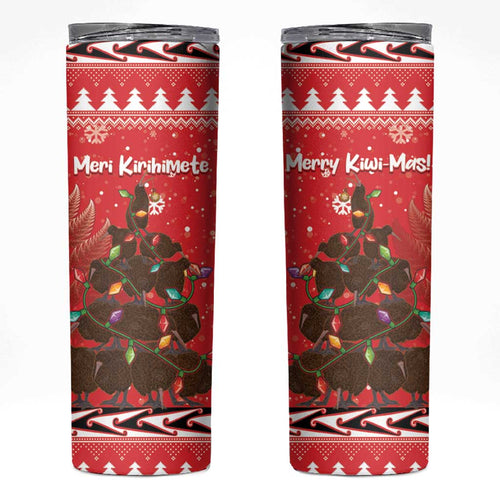 Kiwi New Zealand Christmas Skinny Tumbler Meri Kirihimete Silver Fern - Red Color