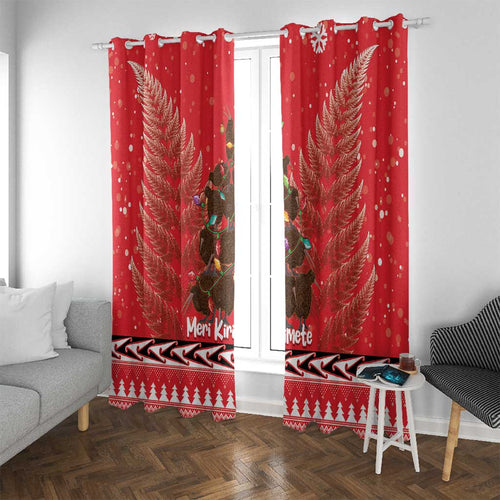 Kiwi New Zealand Christmas Window Curtain Meri Kirihimete Silver Fern - Red Color