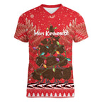 Kiwi New Zealand Christmas Women V-Neck T-Shirt Meri Kirihimete Silver Fern - Red Color