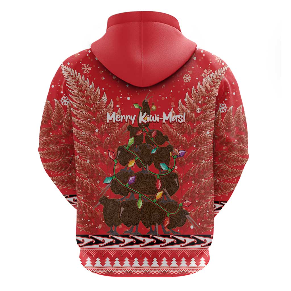 Kiwi New Zealand Christmas Zip Hoodie Meri Kirihimete Silver Fern - Red Color
