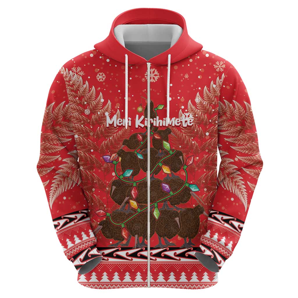 Kiwi New Zealand Christmas Zip Hoodie Meri Kirihimete Silver Fern - Red Color