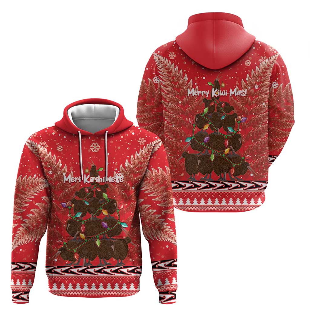 Kiwi New Zealand Christmas Zip Hoodie Meri Kirihimete Silver Fern - Red Color