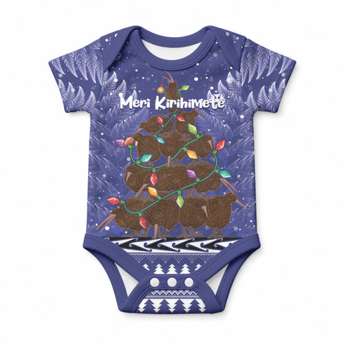 Kiwi New Zealand Christmas Baby Onesie Meri Kirihimete Silver Fern - Blue Color