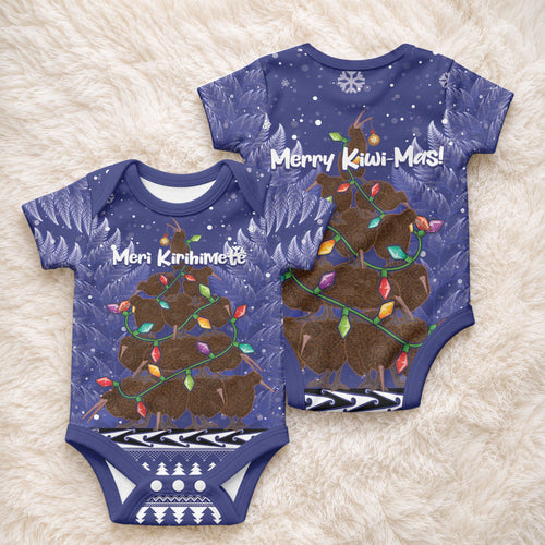 Kiwi New Zealand Christmas Baby Onesie Meri Kirihimete Silver Fern - Blue Color
