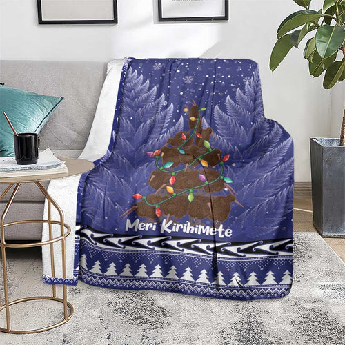 Kiwi New Zealand Christmas Blanket Meri Kirihimete Silver Fern - Blue Color