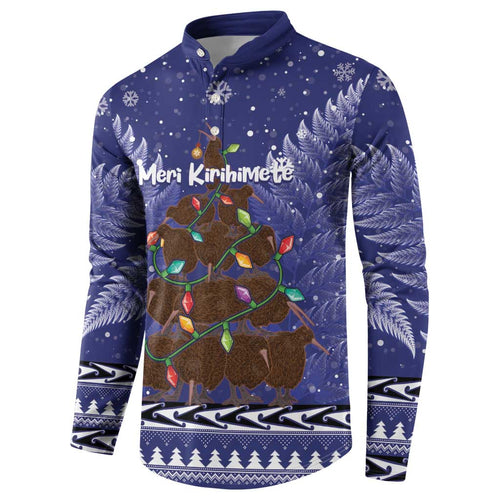 Kiwi New Zealand Christmas Button Sweatshirt Meri Kirihimete Silver Fern - Blue Color