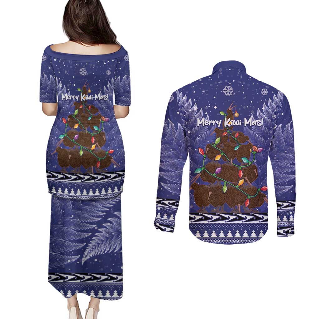 Kiwi New Zealand Christmas Couples Matching Puletasi and Long Sleeve Button Shirt Meri Kirihimete Silver Fern - Blue Color