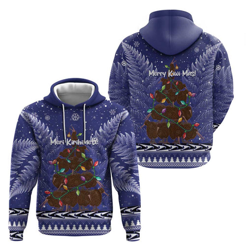 Kiwi New Zealand Christmas Hoodie Meri Kirihimete Silver Fern - Blue Color