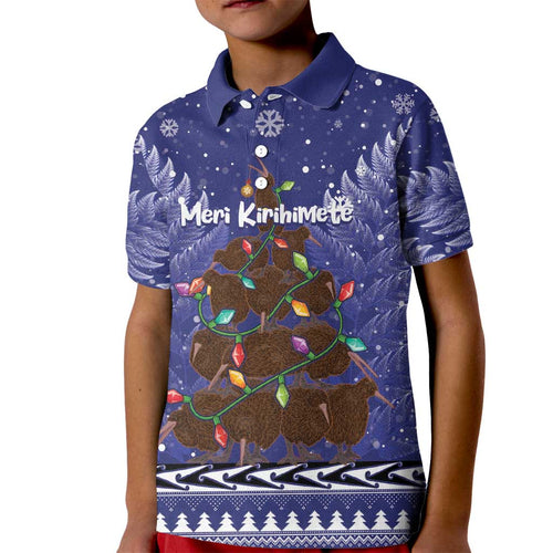 Kiwi New Zealand Christmas Kid Polo Shirt Meri Kirihimete Silver Fern - Blue Color