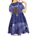 Kiwi New Zealand Christmas Kid Short Sleeve Dress Meri Kirihimete Silver Fern - Blue Color