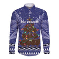 Kiwi New Zealand Christmas Long Sleeve Button Shirt Meri Kirihimete Silver Fern - Blue Color