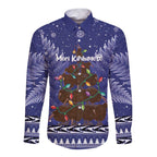 Kiwi New Zealand Christmas Long Sleeve Button Shirt Meri Kirihimete Silver Fern - Blue Color