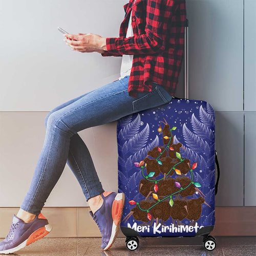 Kiwi New Zealand Christmas Luggage Cover Meri Kirihimete Silver Fern - Blue Color