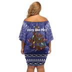 Kiwi New Zealand Christmas Off Shoulder Short Dress Meri Kirihimete Silver Fern - Blue Color