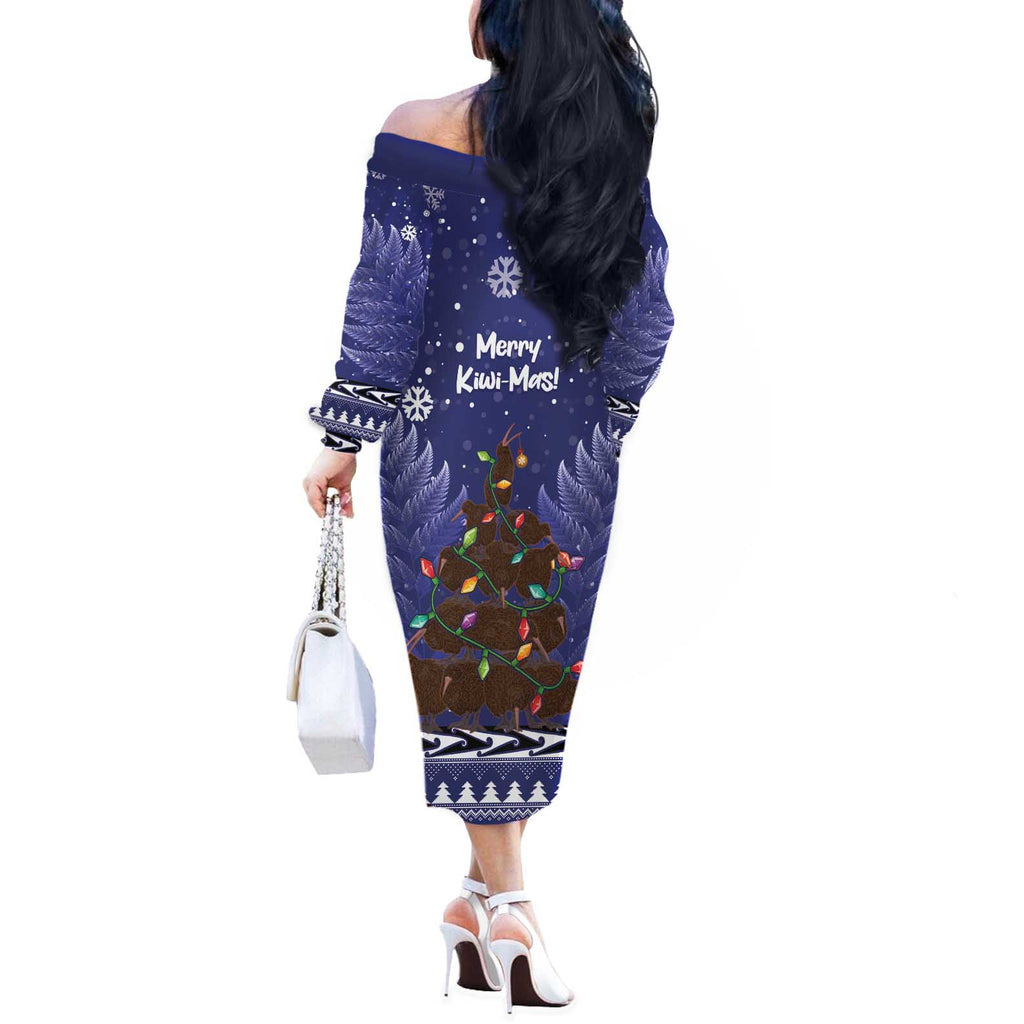 Kiwi New Zealand Christmas Off The Shoulder Long Sleeve Dress Meri Kirihimete Silver Fern - Blue Color