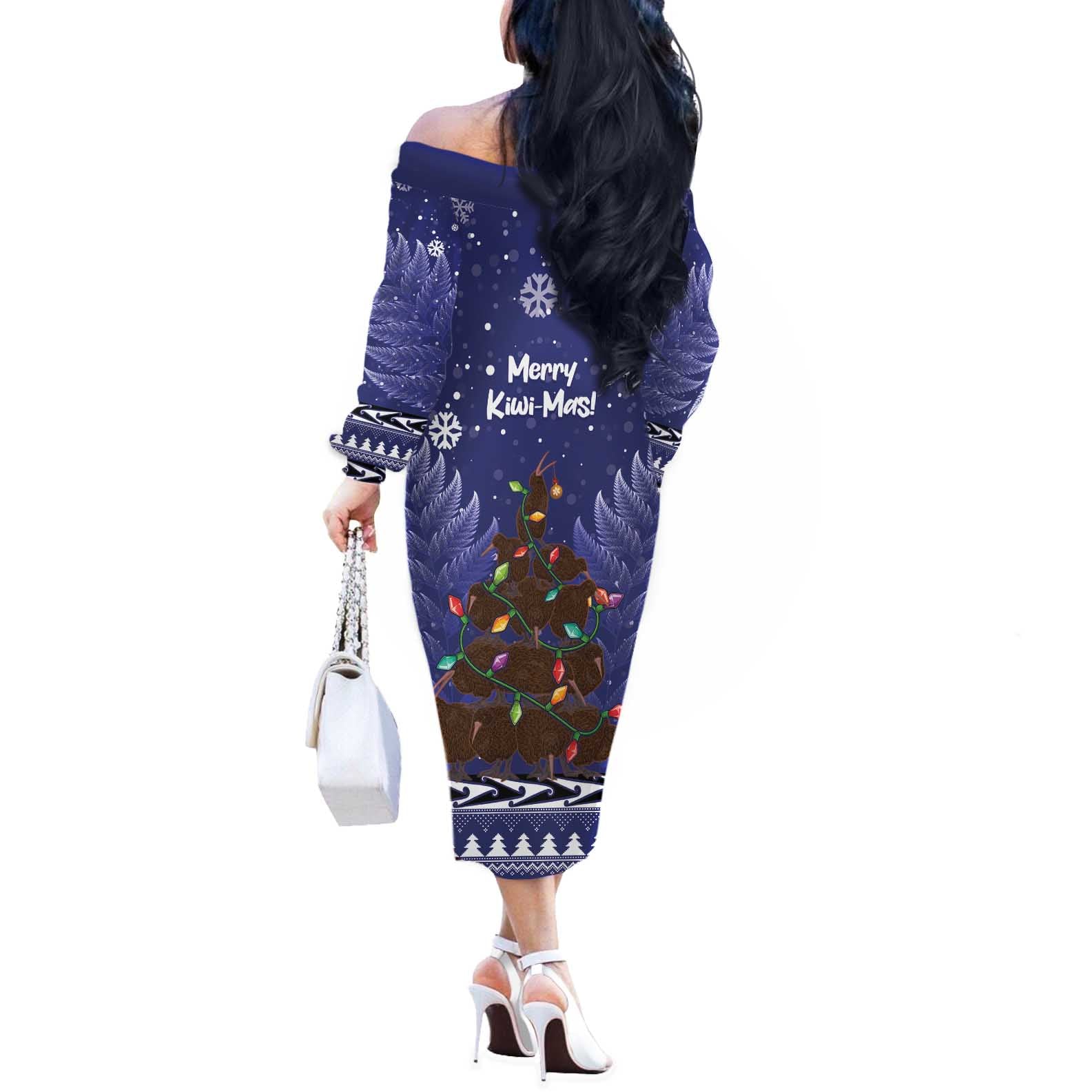 Kiwi New Zealand Christmas Off The Shoulder Long Sleeve Dress Meri Kirihimete Silver Fern - Blue Color