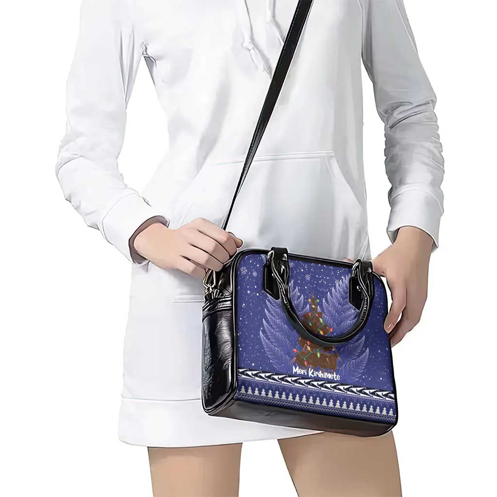 Kiwi New Zealand Christmas Shoulder Handbag Meri Kirihimete Silver Fern - Blue Color