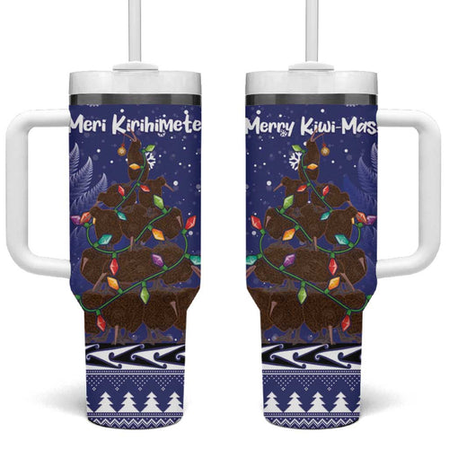 Kiwi New Zealand Christmas Tumbler With Handle Meri Kirihimete Silver Fern - Blue Color