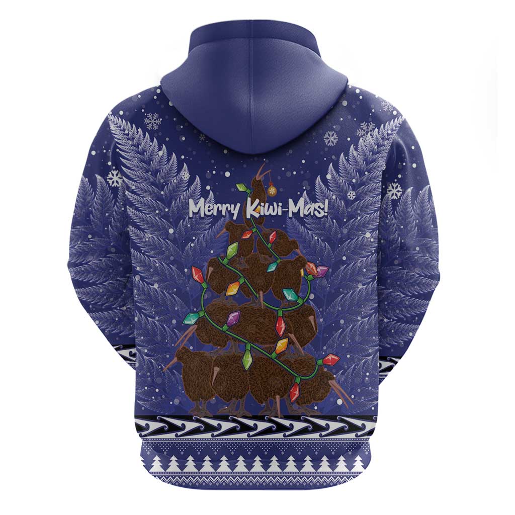 Kiwi New Zealand Christmas Zip Hoodie Meri Kirihimete Silver Fern - Blue Color