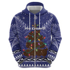Kiwi New Zealand Christmas Zip Hoodie Meri Kirihimete Silver Fern - Blue Color