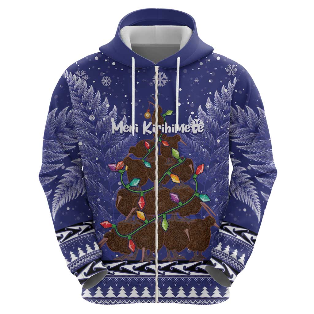 Kiwi New Zealand Christmas Zip Hoodie Meri Kirihimete Silver Fern - Blue Color