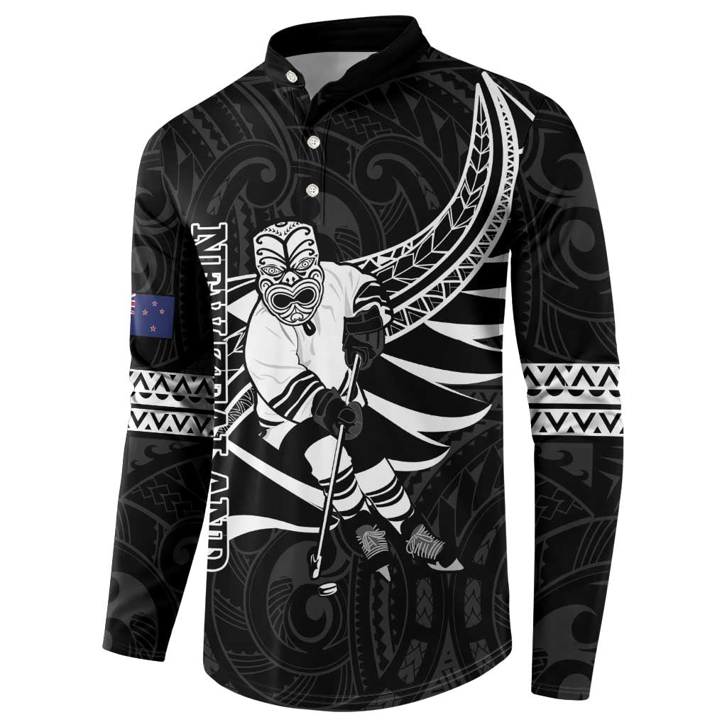 Custom Aotearoa Ice Hockey Button Sweatshirt NZ Tiki Mascot - Maori Pattern
