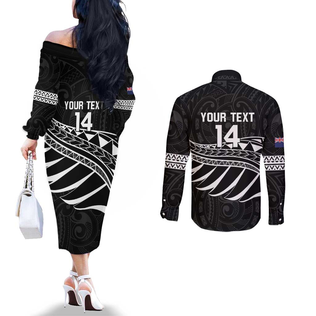 Custom Aotearoa Ice Hockey Couples Matching Off The Shoulder Long Sleeve Dress and Long Sleeve Button Shirt NZ Tiki Mascot - Maori Pattern