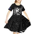 Custom Aotearoa Ice Hockey Kid Short Sleeve Dress NZ Tiki Mascot - Maori Pattern