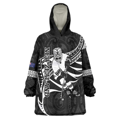 Custom Aotearoa Ice Hockey Wearable Blanket Hoodie NZ Tiki Mascot - Maori Pattern