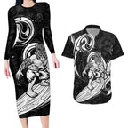Personalised New Zealand Surfing Couples Matching Long Sleeve Bodycon Dress and Hawaiian Shirt Aotearoa Maori Tiki Haka