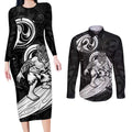 Personalised New Zealand Surfing Couples Matching Long Sleeve Bodycon Dress and Long Sleeve Button Shirt Aotearoa Maori Tiki Haka