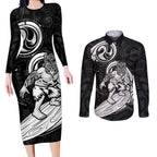 Personalised New Zealand Surfing Couples Matching Long Sleeve Bodycon Dress and Long Sleeve Button Shirt Aotearoa Maori Tiki Haka