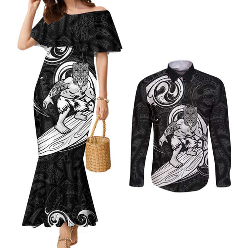 Personalised New Zealand Surfing Couples Matching Mermaid Dress and Long Sleeve Button Shirt Aotearoa Maori Tiki Haka